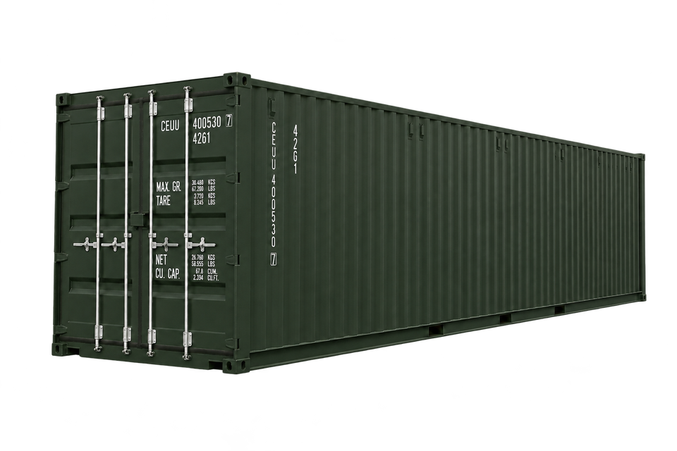 A new 40ft green shipping container standing outdoors