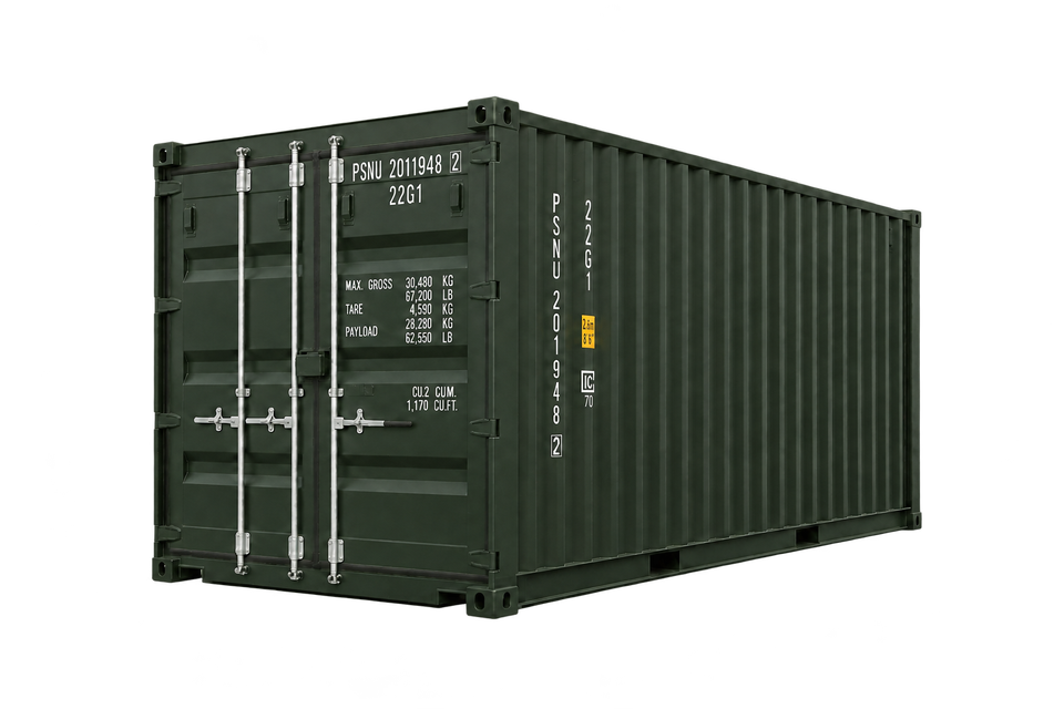 A new 20ft shipping container with one door open on the yard
