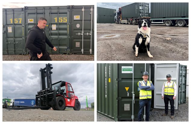 Scenes from the ContainersNow depot: team, yard dog, forklift and containers