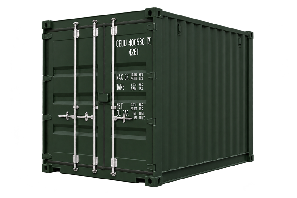 A new 10ft green shipping container on the Darlington depot yard