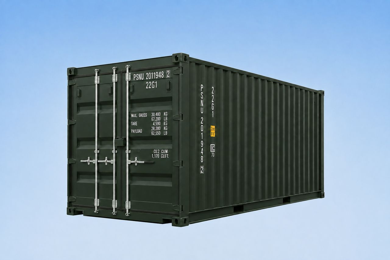A new green 20ft shipping container
